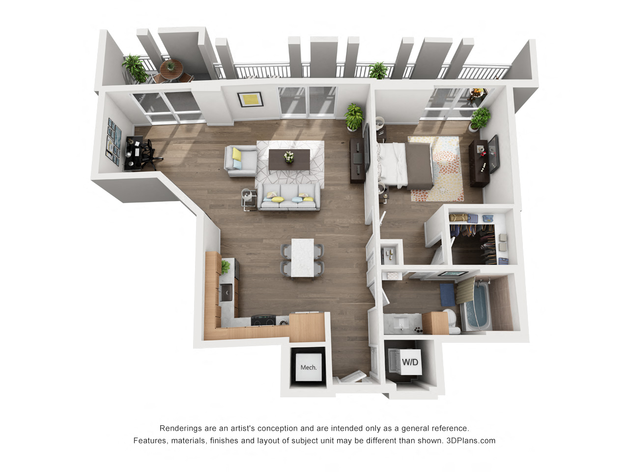 Floor plan for 1 bed, 1 bath, 865 sqft